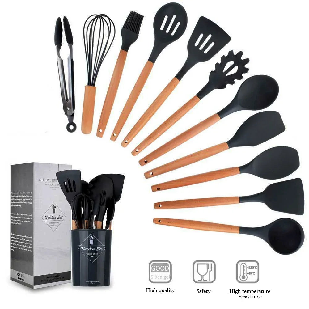 Conjunto de 12 Utensílios de Cozinha em Silicone com Cabo de Madeira - Lumecasa
