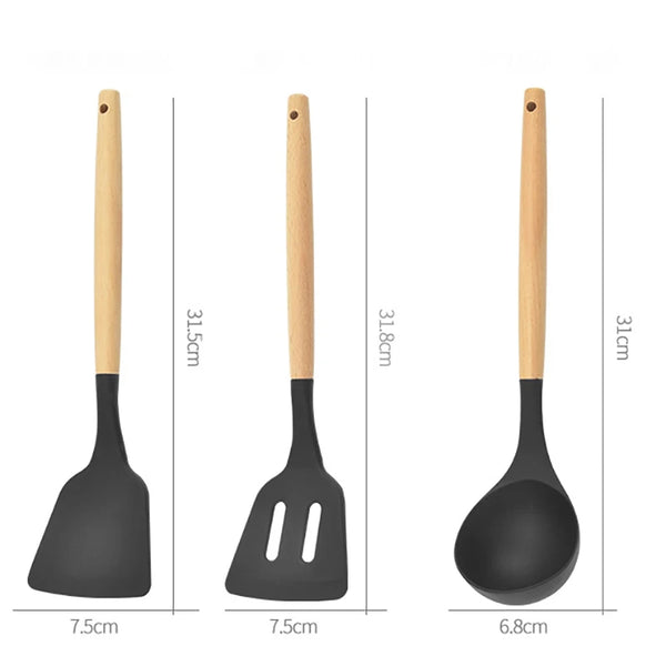 Conjunto de 12 Utensílios de Cozinha em Silicone com Cabo de Madeira - Lumecasa