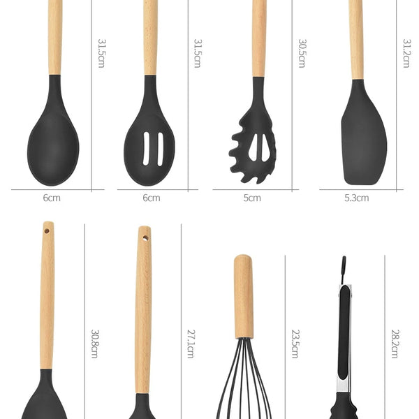 Conjunto de 12 Utensílios de Cozinha em Silicone com Cabo de Madeira - Lumecasa